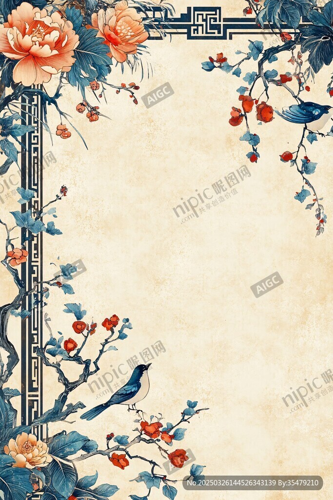 中式花鸟边框古风背景图