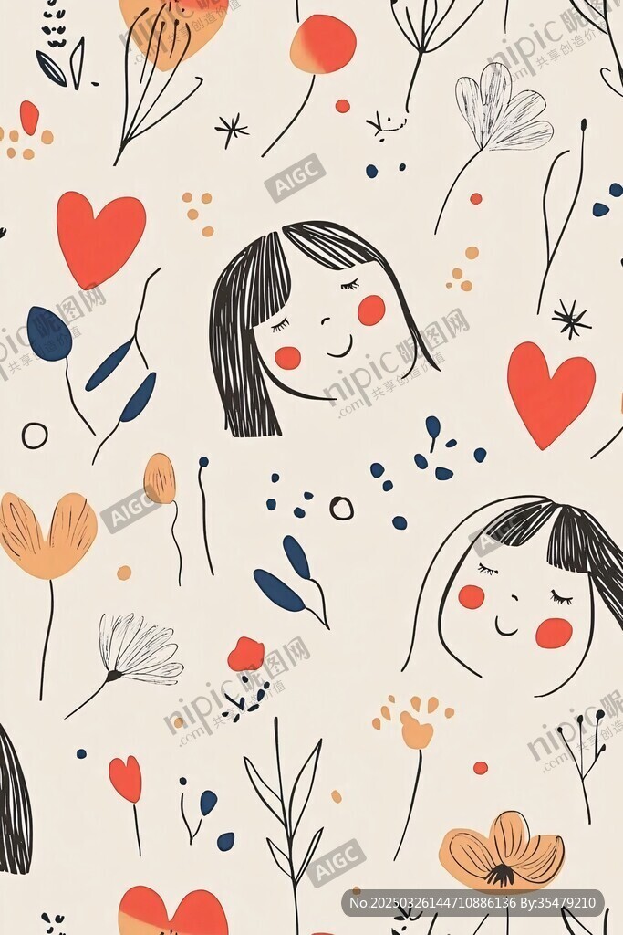 手绘女孩花卉可爱无缝图案