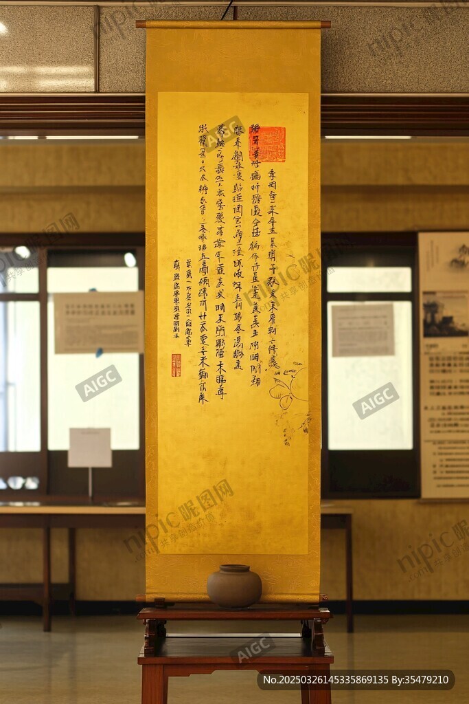 中式书法卷轴展示于展厅