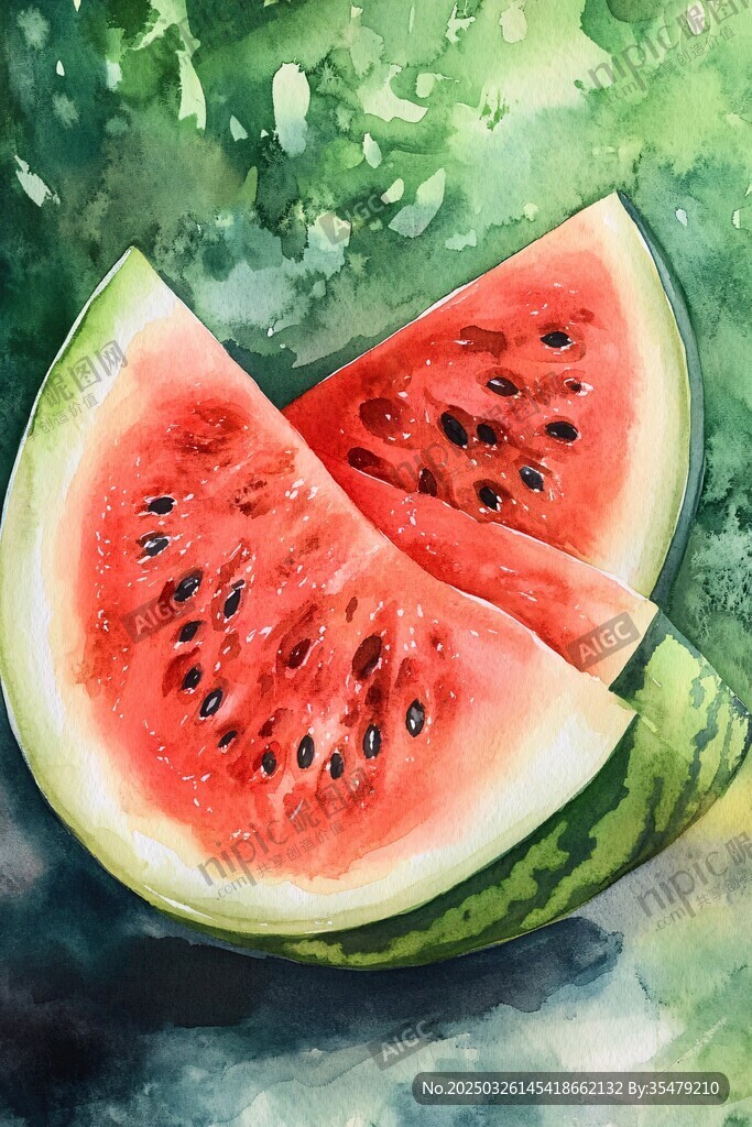 水彩画中鲜嫩多汁的西瓜