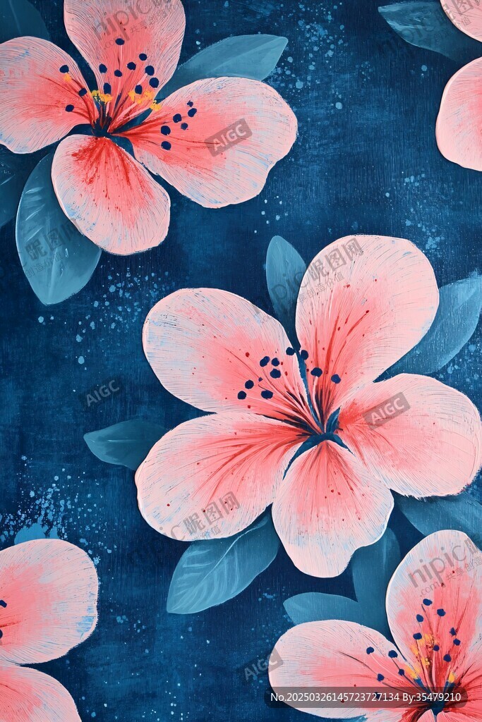蓝色背景上的粉色花卉图案