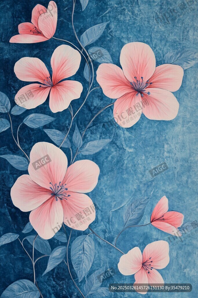 蓝色背景上的粉色花卉图案
