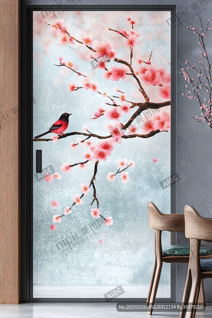 中式花鸟玻璃门装饰画