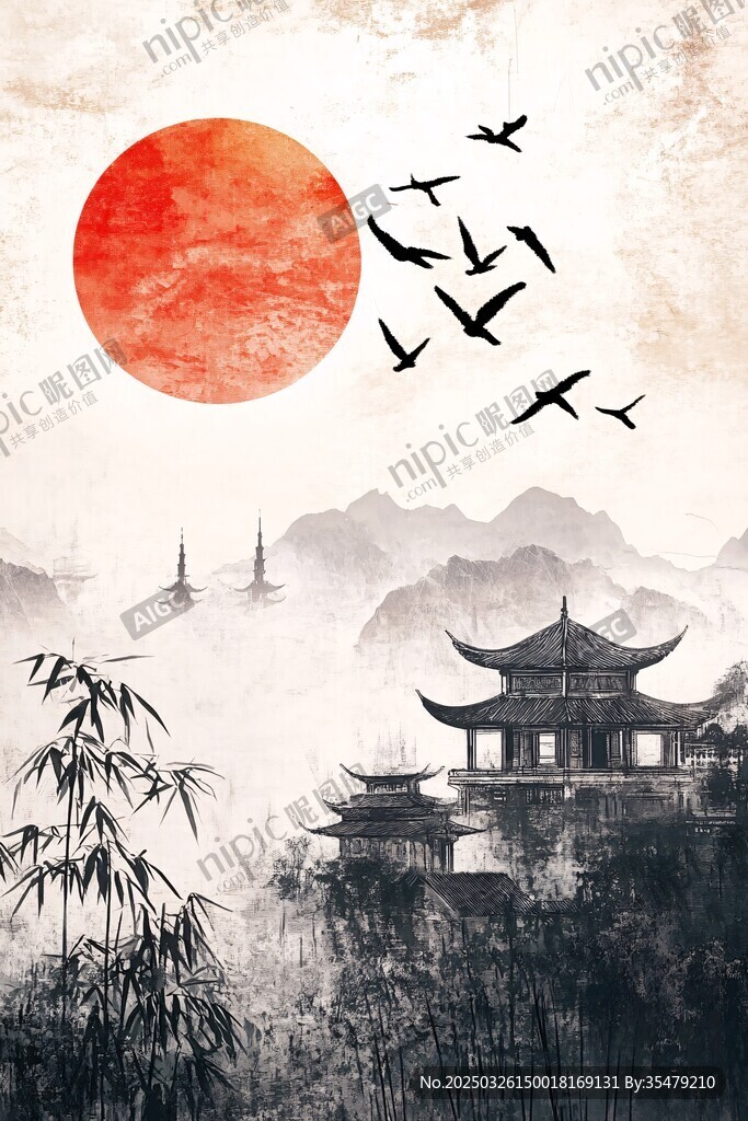 红日飞鸟下的中式山水景