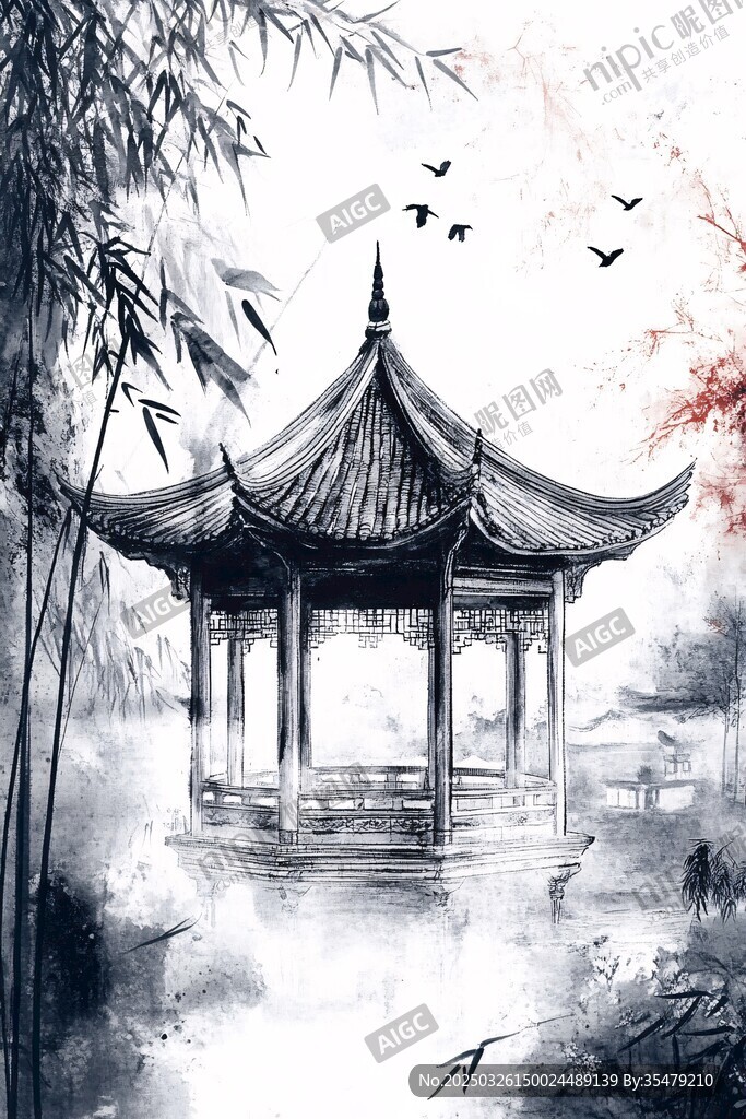 水墨亭景 竹影飞鸟
