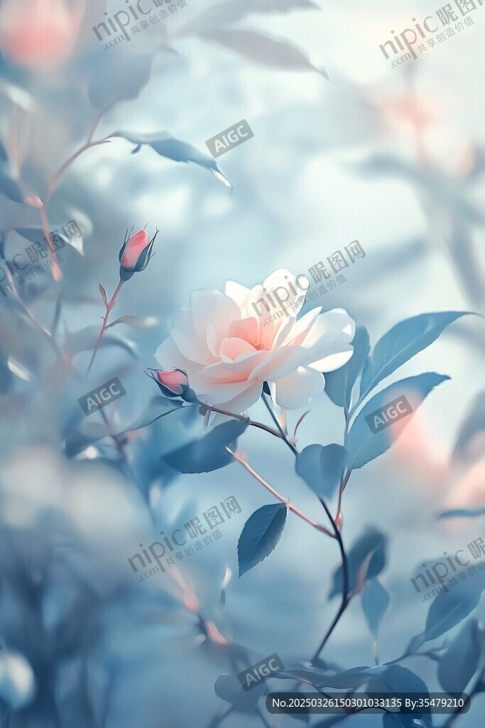 梦幻蓝调中的柔美花卉