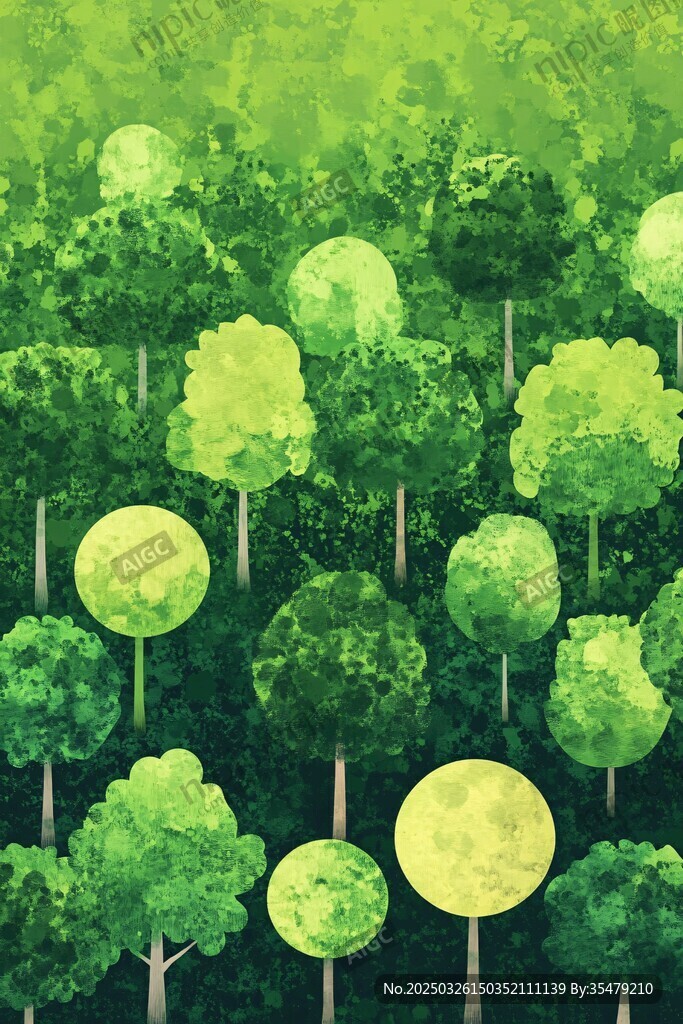 梦幻绿色森林插画背景图