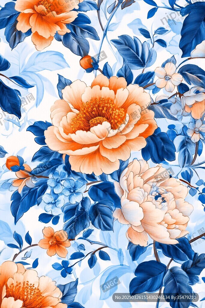 蓝白花卉图案的优雅绽放