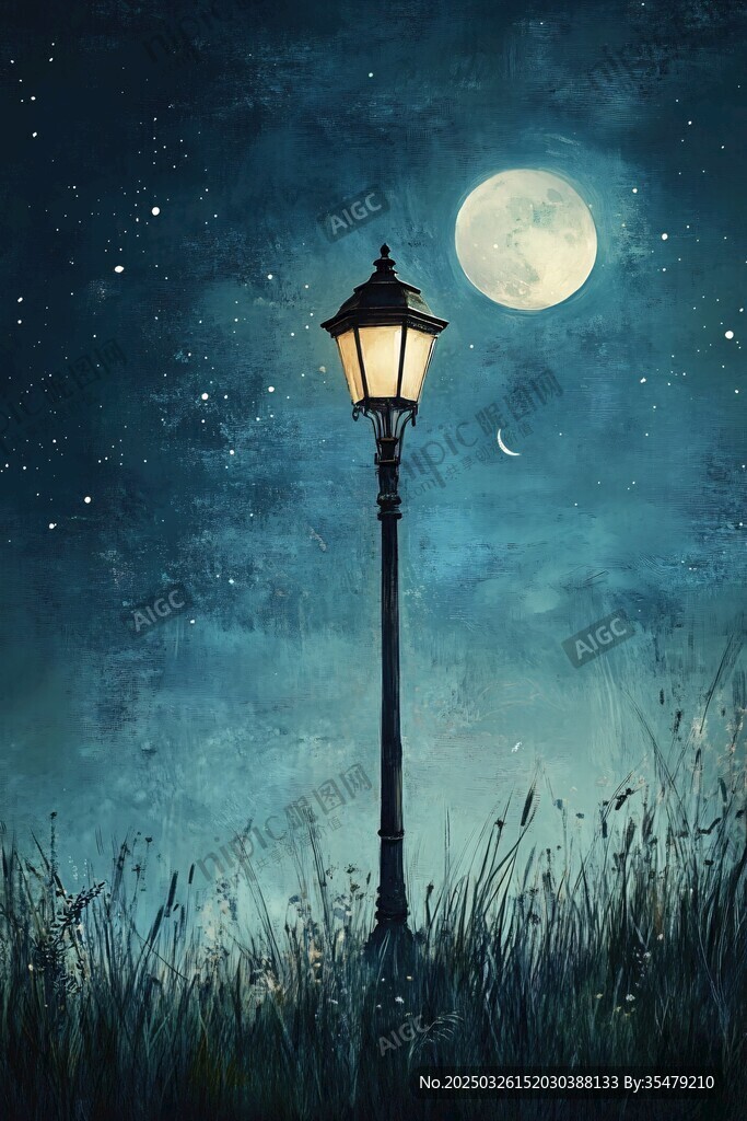 月夜下的孤独路灯