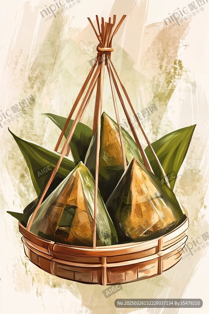 竹篮悬挂的美味三角粽