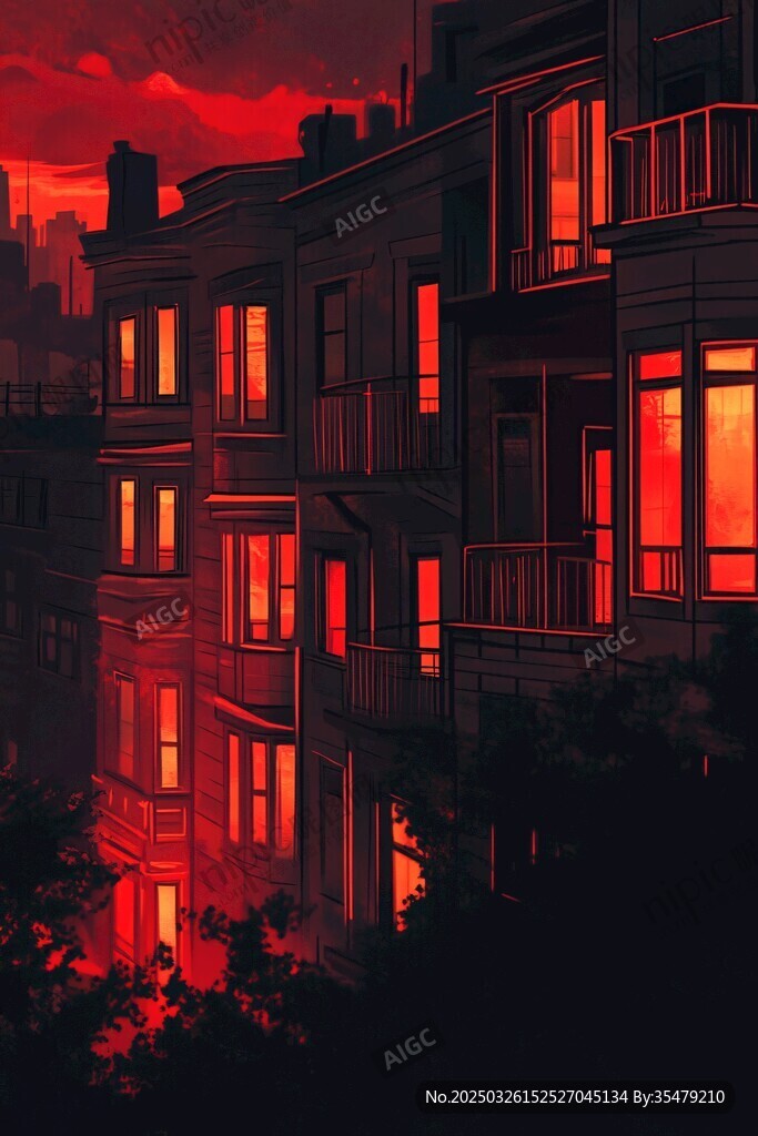 黄昏下灯火通明的复古楼房