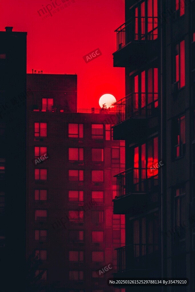 红色天际下的城市落日景观