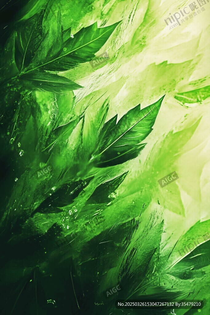 翠绿叶片的梦幻水彩图景