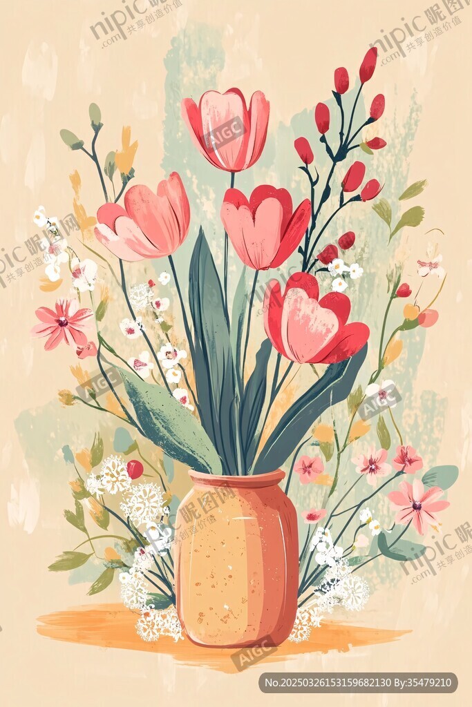 花瓶中的多彩花卉插画
