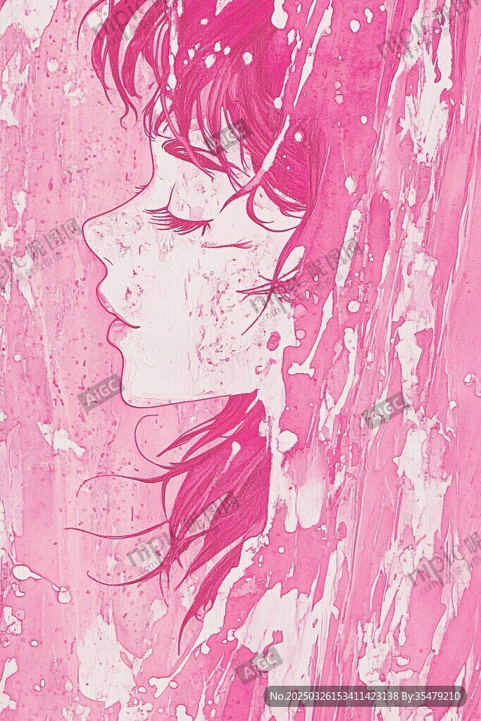 梦幻粉色系侧脸少女插画