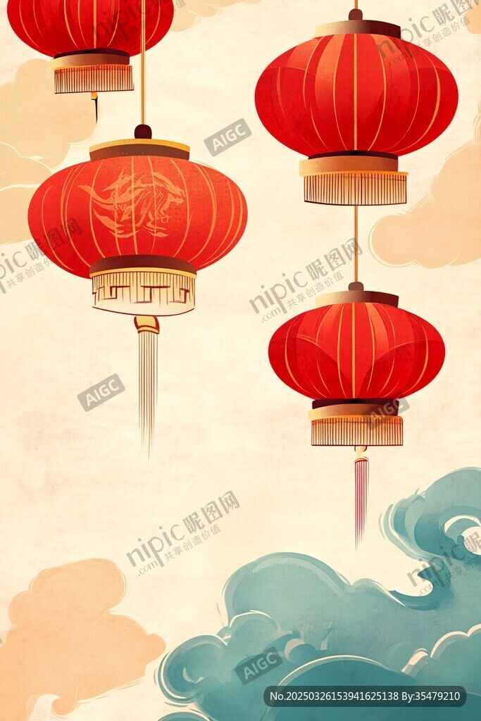 中式红灯笼飘于云海间