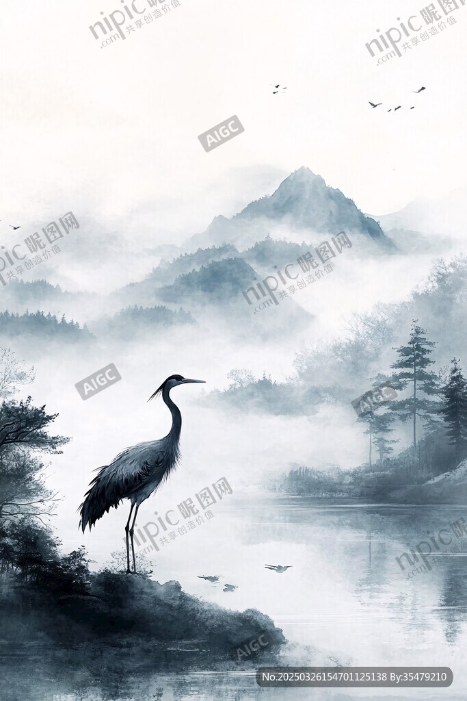 水墨山水间的孤鹤