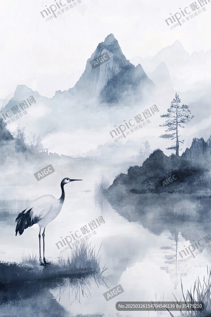 水墨山水间的单鹤静立