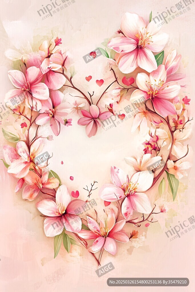 心形樱花花环浪漫插画