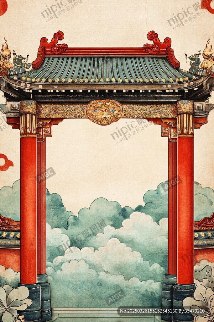 中式古风牌坊云雾景致