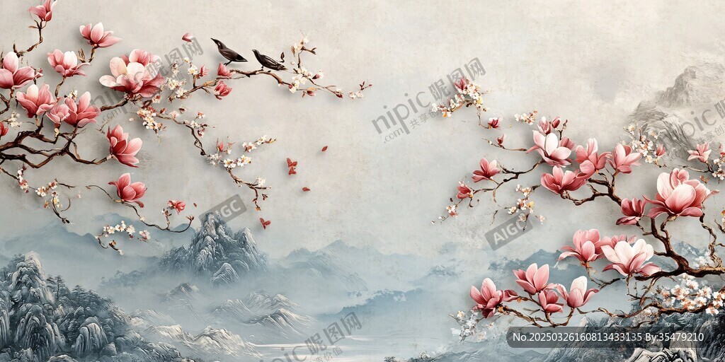 玉兰花枝映山水中式景