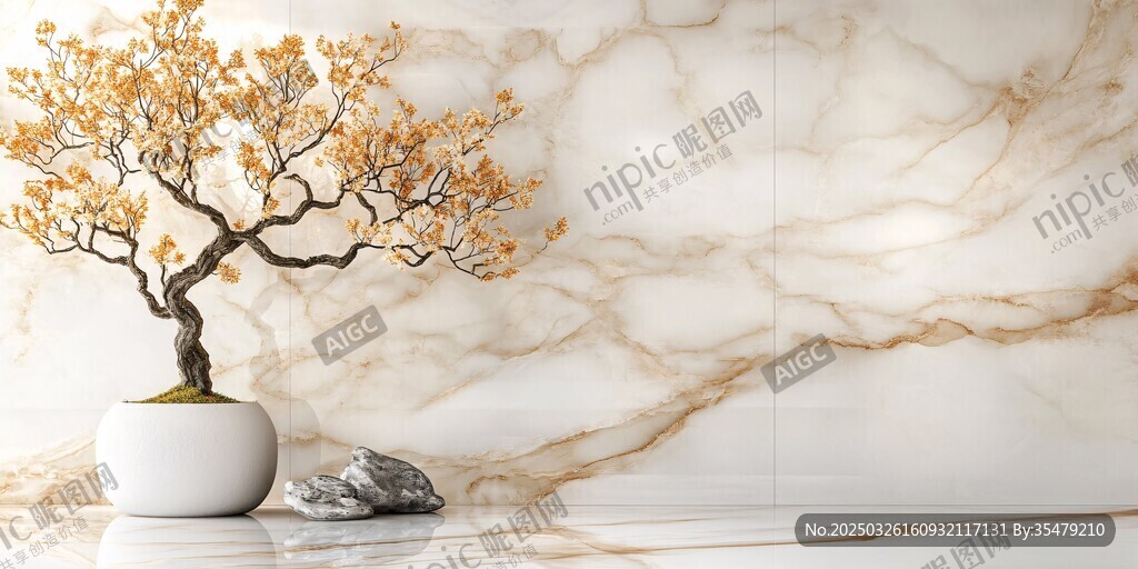 大理石前的雅致盆栽景观