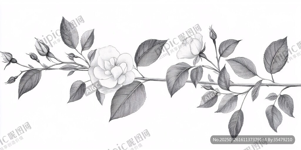 黑白花卉枝条优雅插画