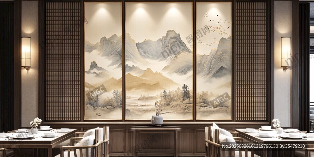 中式餐厅山水壁画雅致空间