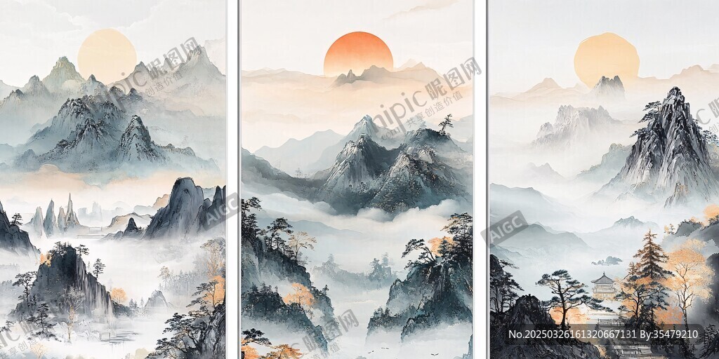 水墨山水间的日出景致
