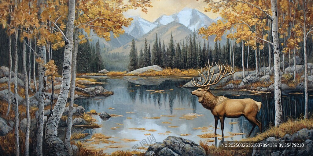 秋日湖畔的麋鹿与山林美景