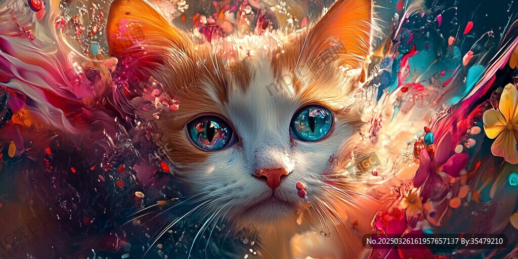 梦幻彩墨中的可爱猫咪