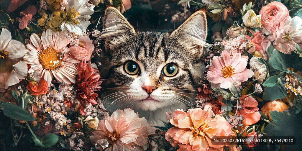 花丛中的萌猫