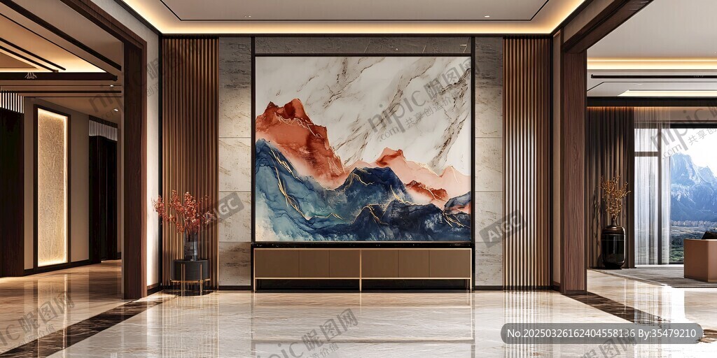 现代客厅中式山水壁画装饰