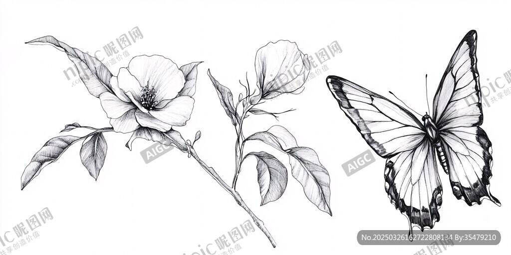 花卉与蝴蝶黑白手绘插画