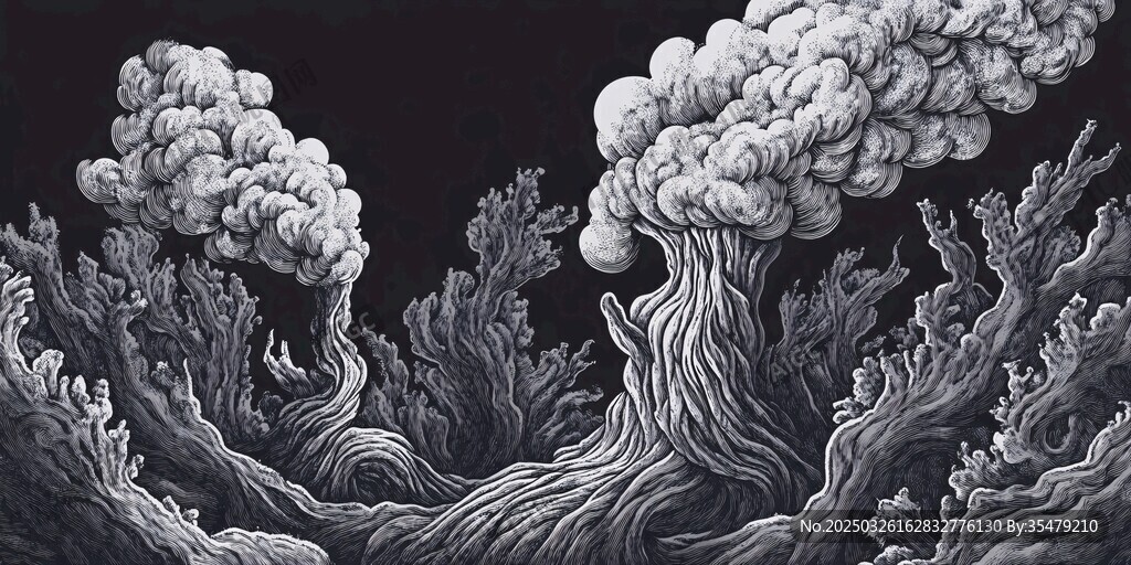 黑白奇幻烟雾树根景观