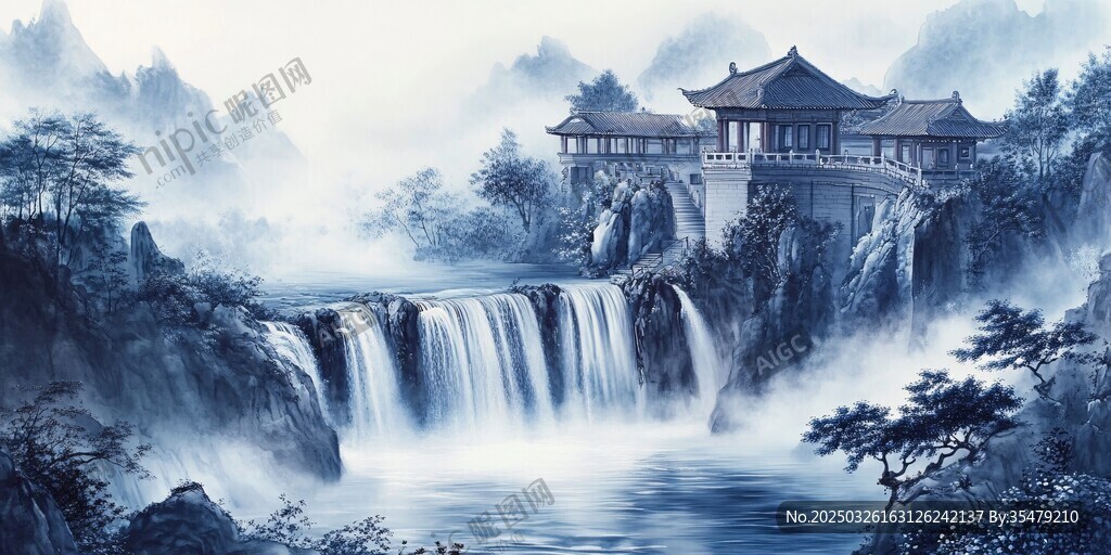 水墨山水间的古韵楼阁