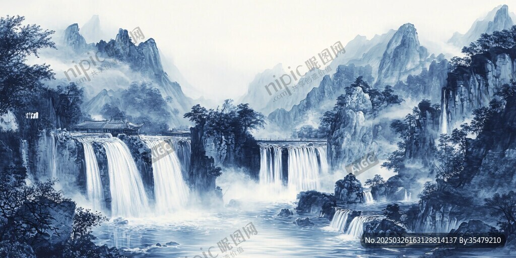 水墨山水间的飞瀑奇观