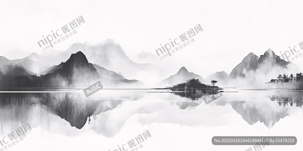 水墨山水倒影意境图