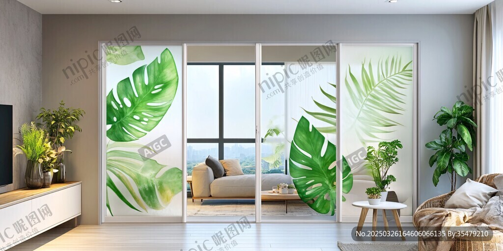 清新绿植风客厅玻璃门设计