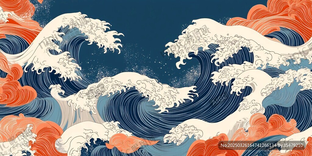 浮世绘风格汹涌海浪图景