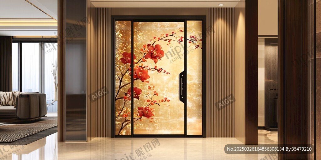 中式繁花玻璃门室内美景