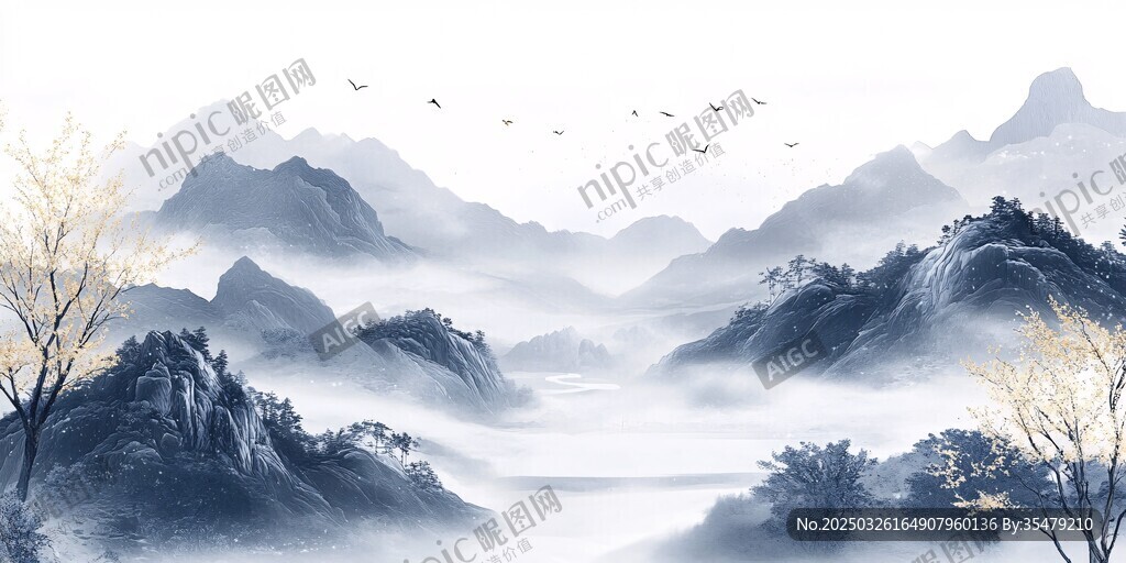 水墨山水间飞鸟云雾缭绕
