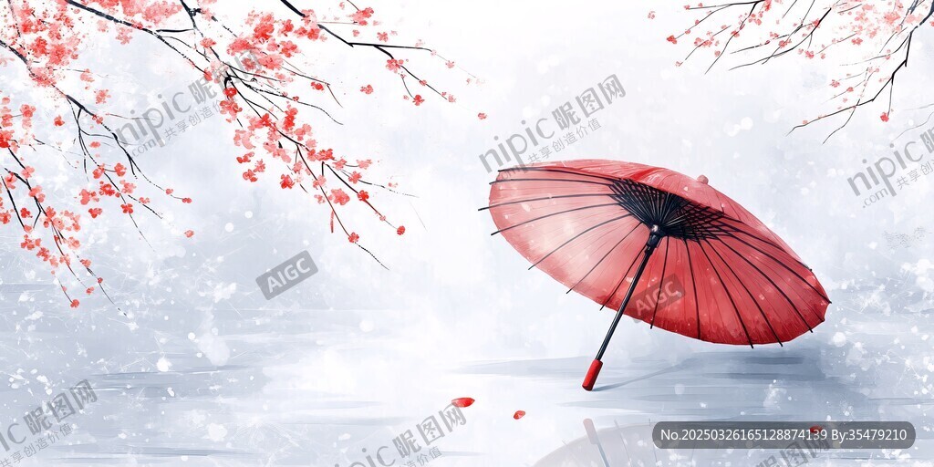 雪中红伞映粉梅
