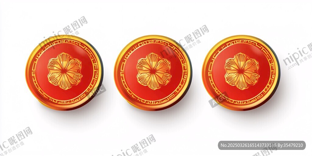 三枚精美红色花纹纪念币