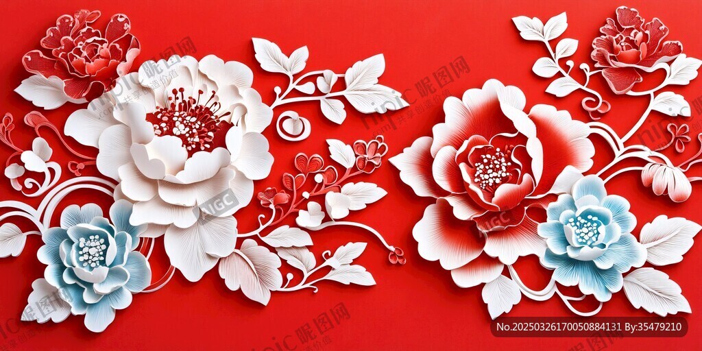 立体剪纸花卉 红色背景美饰