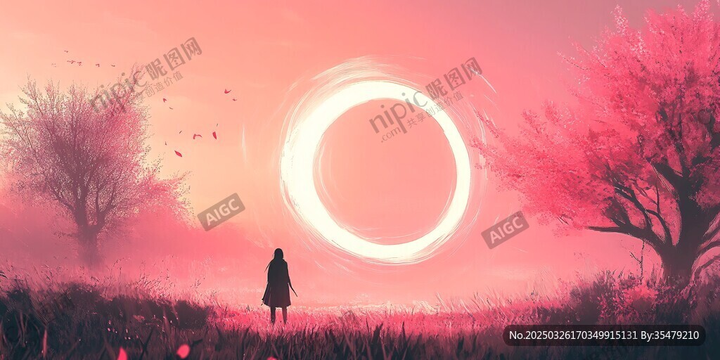 女孩于梦幻粉景中独赏圆环