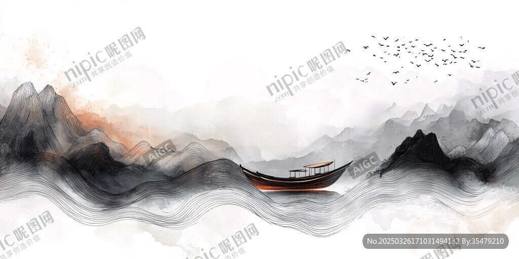 水墨孤舟游于山水之间