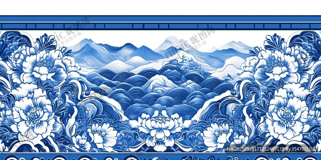 青花瓷山水花卉纹装饰图案