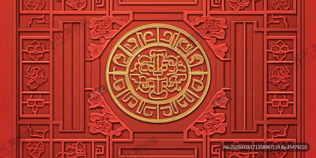 中式红底金色传统雕花图案