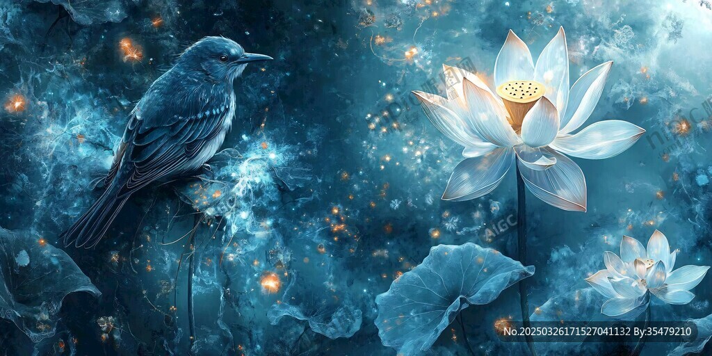 梦幻蓝调 鸟栖莲花之景